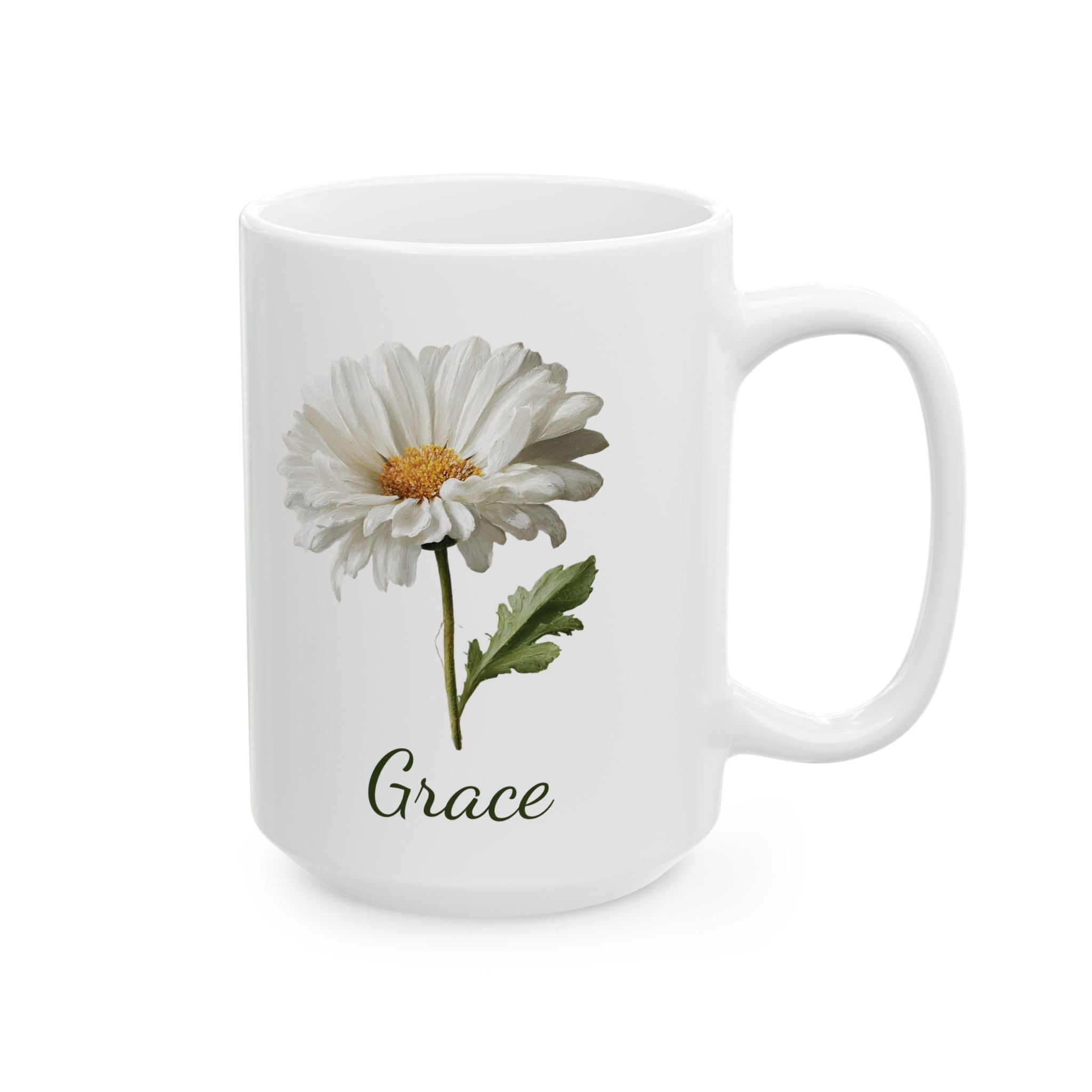 April daisy birth flower mug showing green script name and flower stem detail