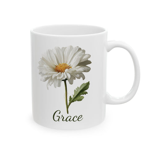 Personalized April birth flower mug — white daisy botanical illustration on white ceramic