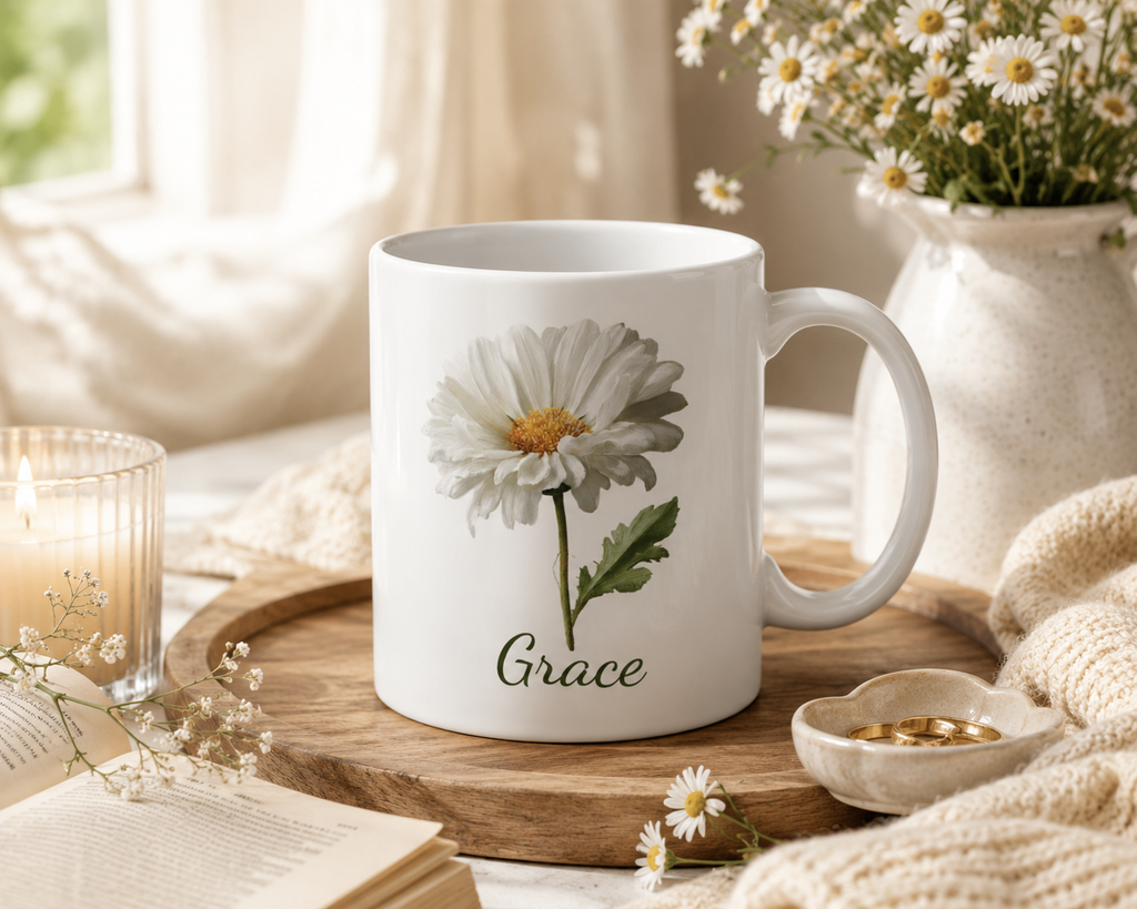 Personalized April daisy birth flower mug mockup view
