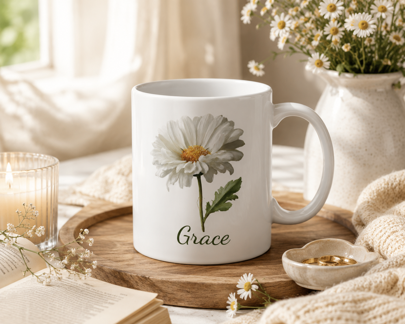 Personalized April daisy birth flower mug mockup view