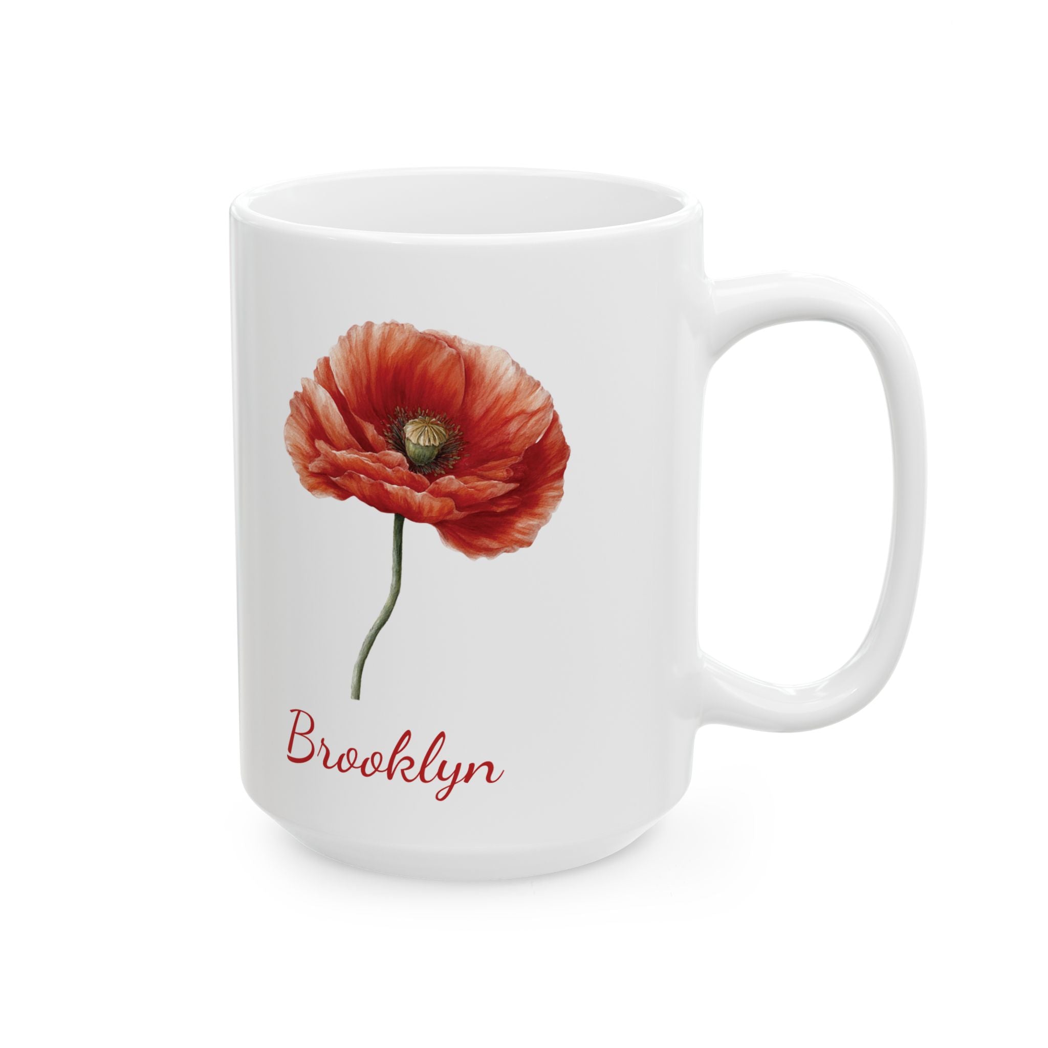 August poppy birth flower mug showing name in red script and vivid bloom