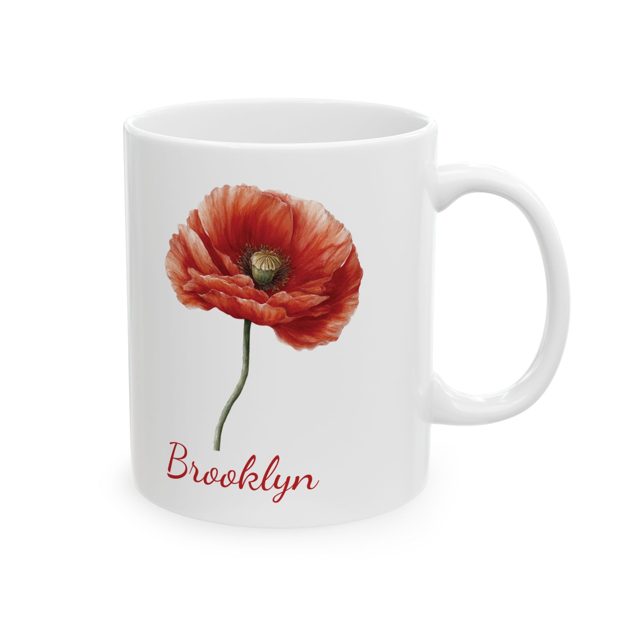 Personalized August birth flower mug — bold red poppy watercolor on white ceramic