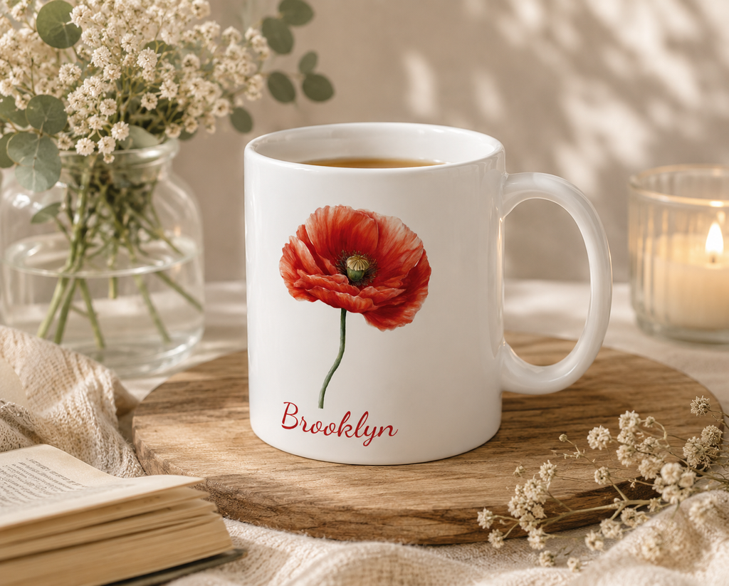 Personalized August poppy birth flower mug mockup view