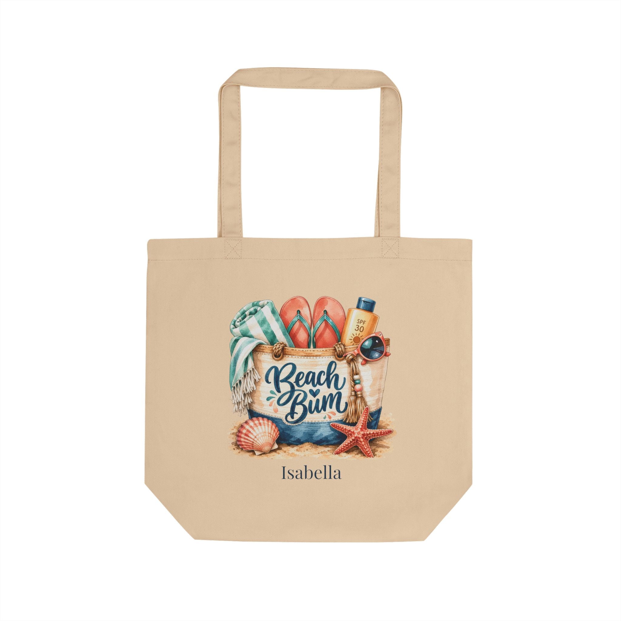Personalized 'Beach Bum' watercolour beach-bag natural cotton tote bag with a custom name