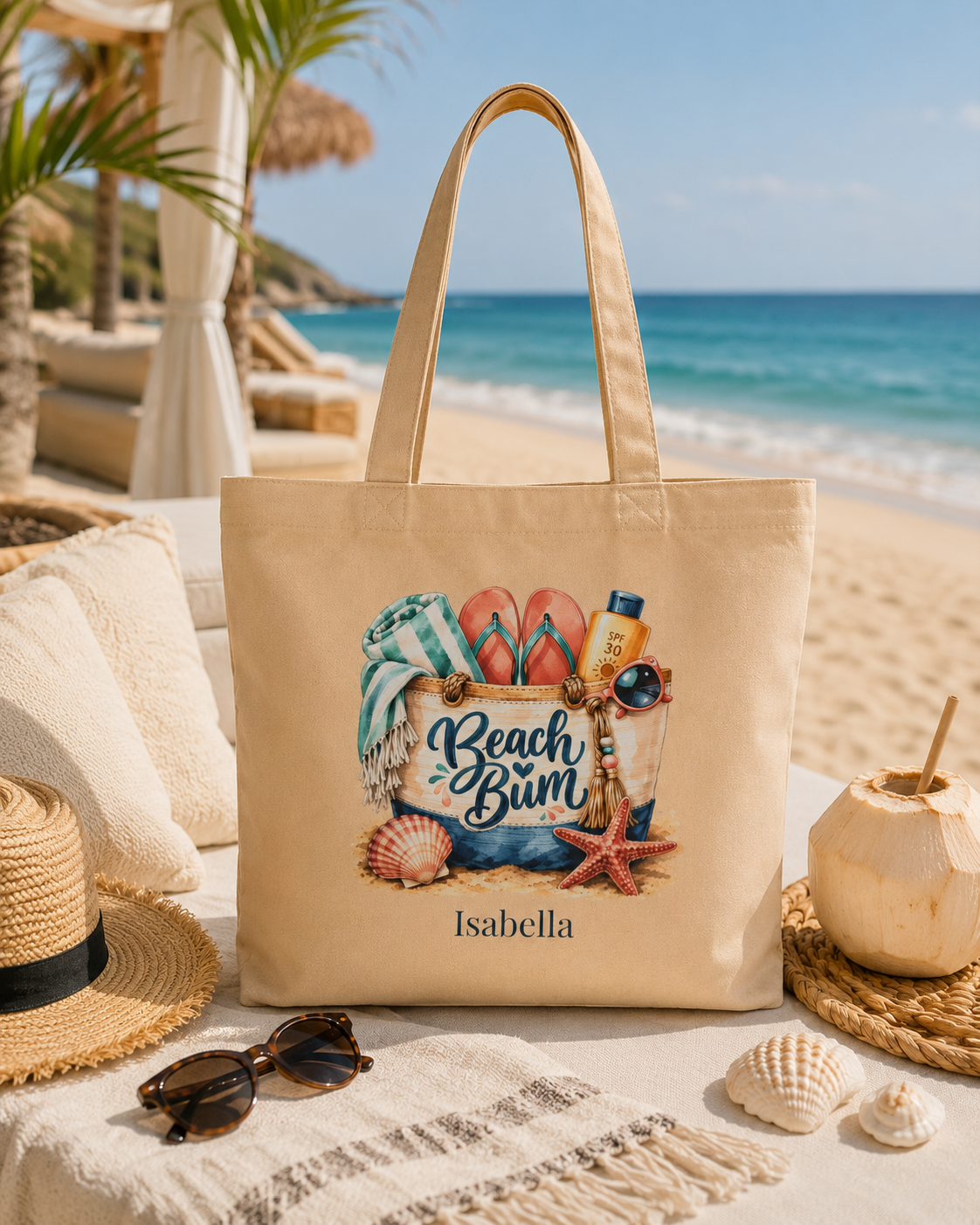 Beach Bum tote bag shown flat with size and dimensions reference