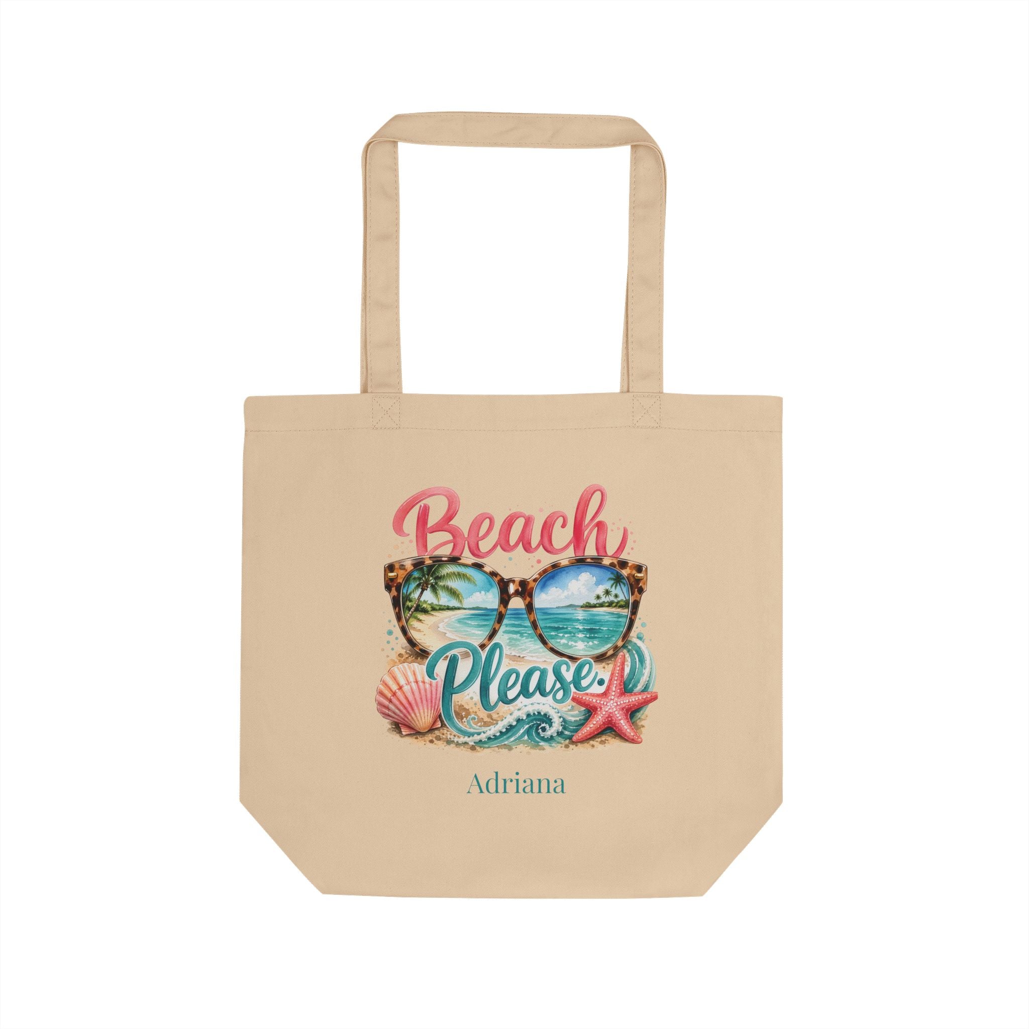 Personalized 'Beach Please' seaside sunglasses natural cotton tote bag with a custom name