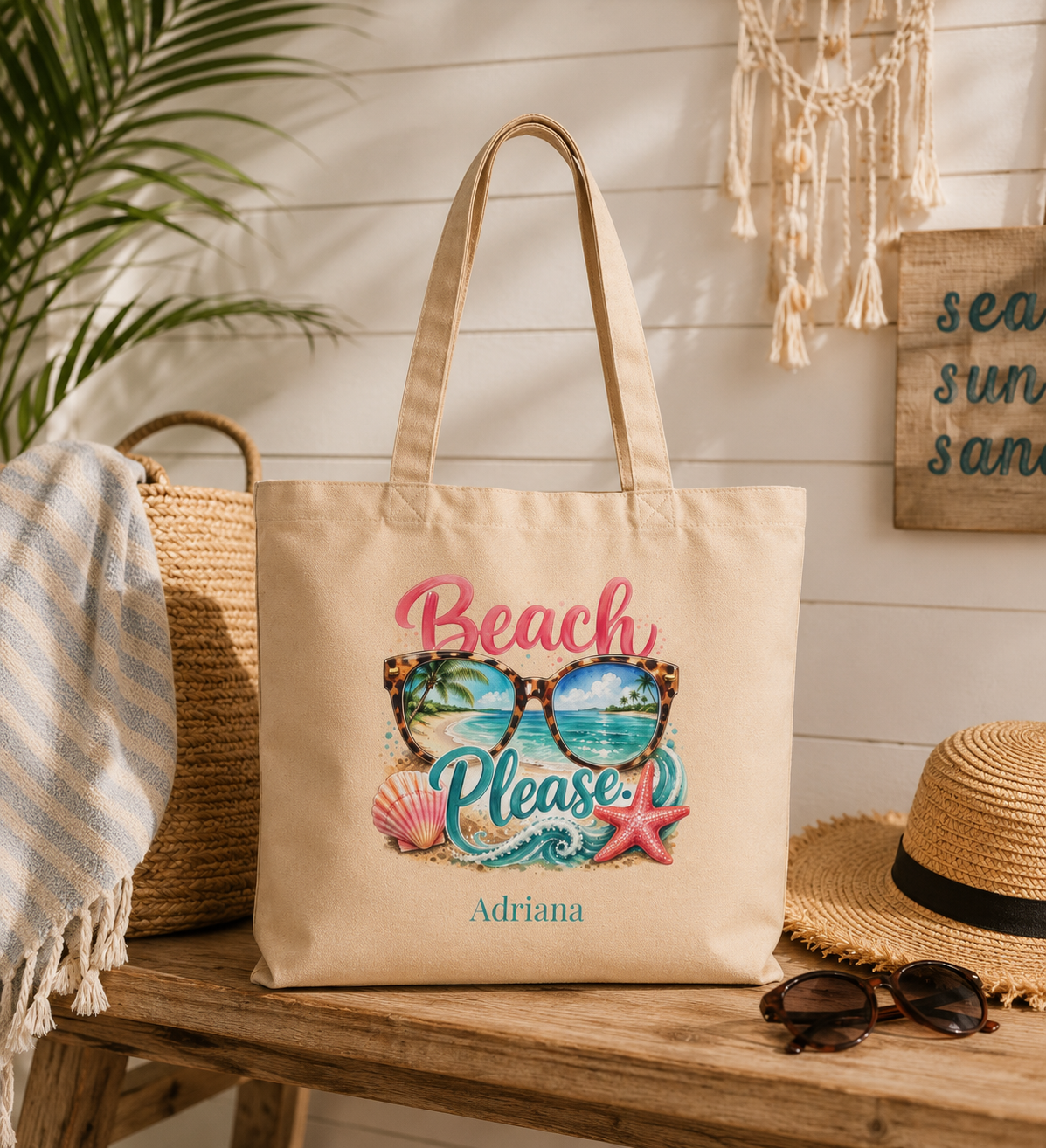 Beach Please tote bag shown flat with size and dimensions reference