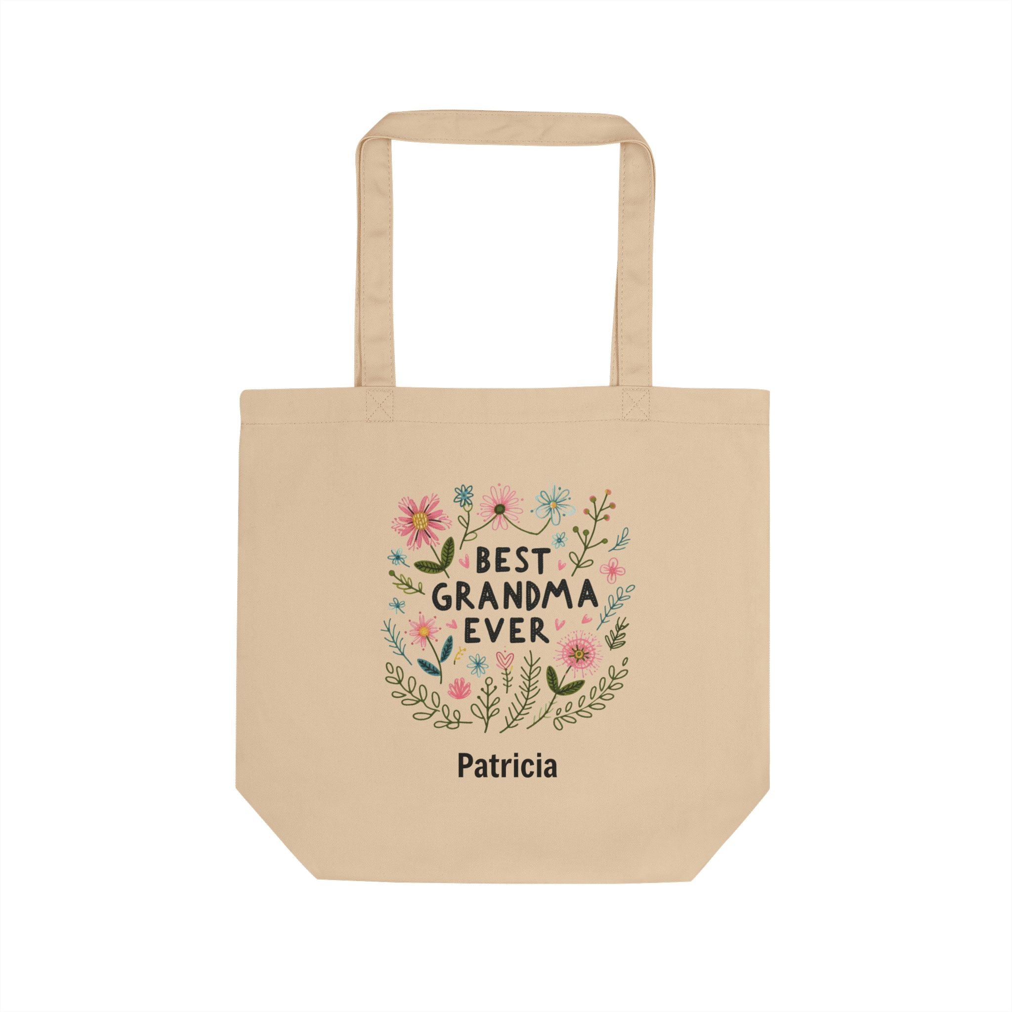 Personalized 'Best Grandma Ever' floral natural cotton tote bag with a custom name