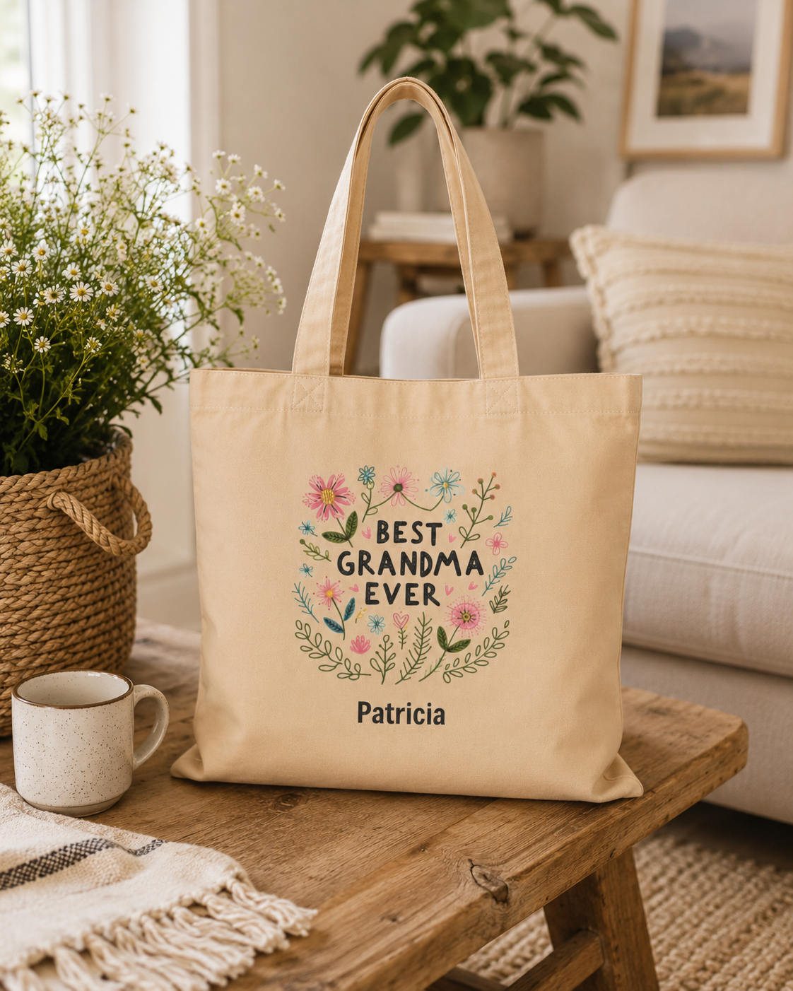 Best Grandma Ever tote bag shown flat with size and dimensions reference
