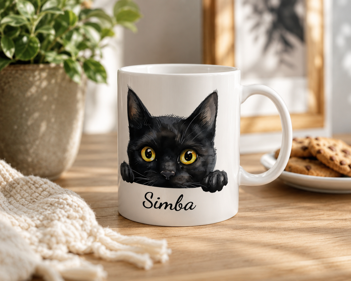 Close-up detail of the black cat illustration and personalized name lettering on the mug