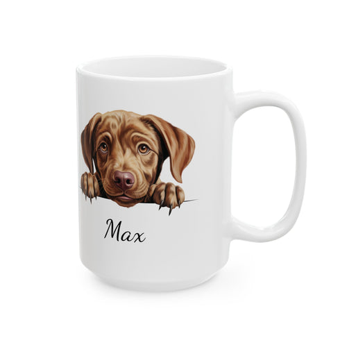 Labrador dog mug lifestyle shot showing name below peeking puppy design