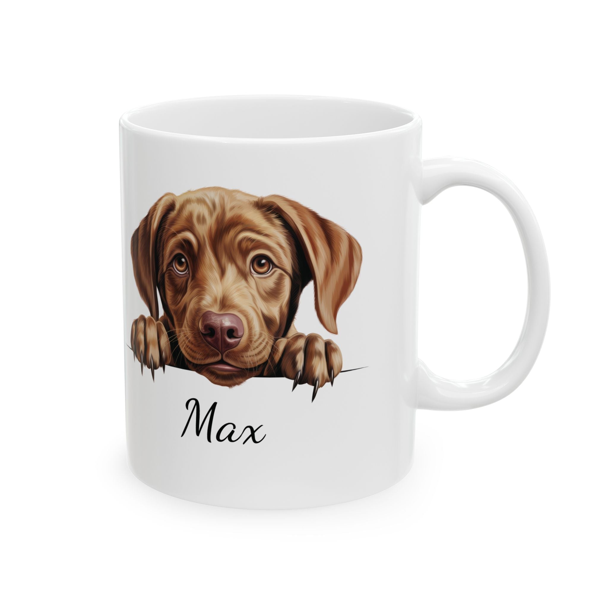 Personalized chocolate Labrador peeking mug — main shot showing photorealistic puppy illustration