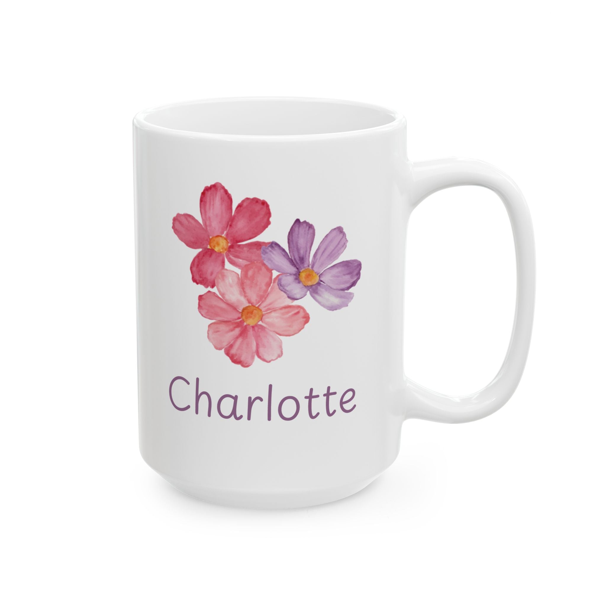 Cosmos flower name mug close-up showing purple text and floral design