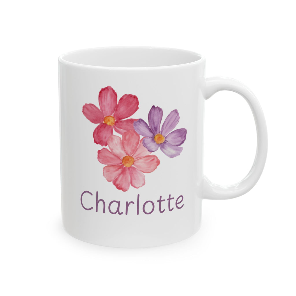 Personalized watercolor cosmos flowers mug — main product shot