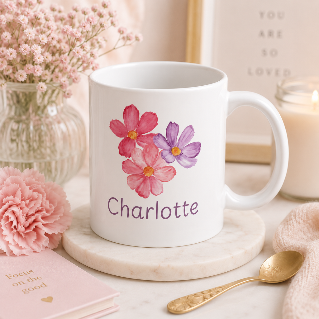 Personalized cosmos flower mug mockup view