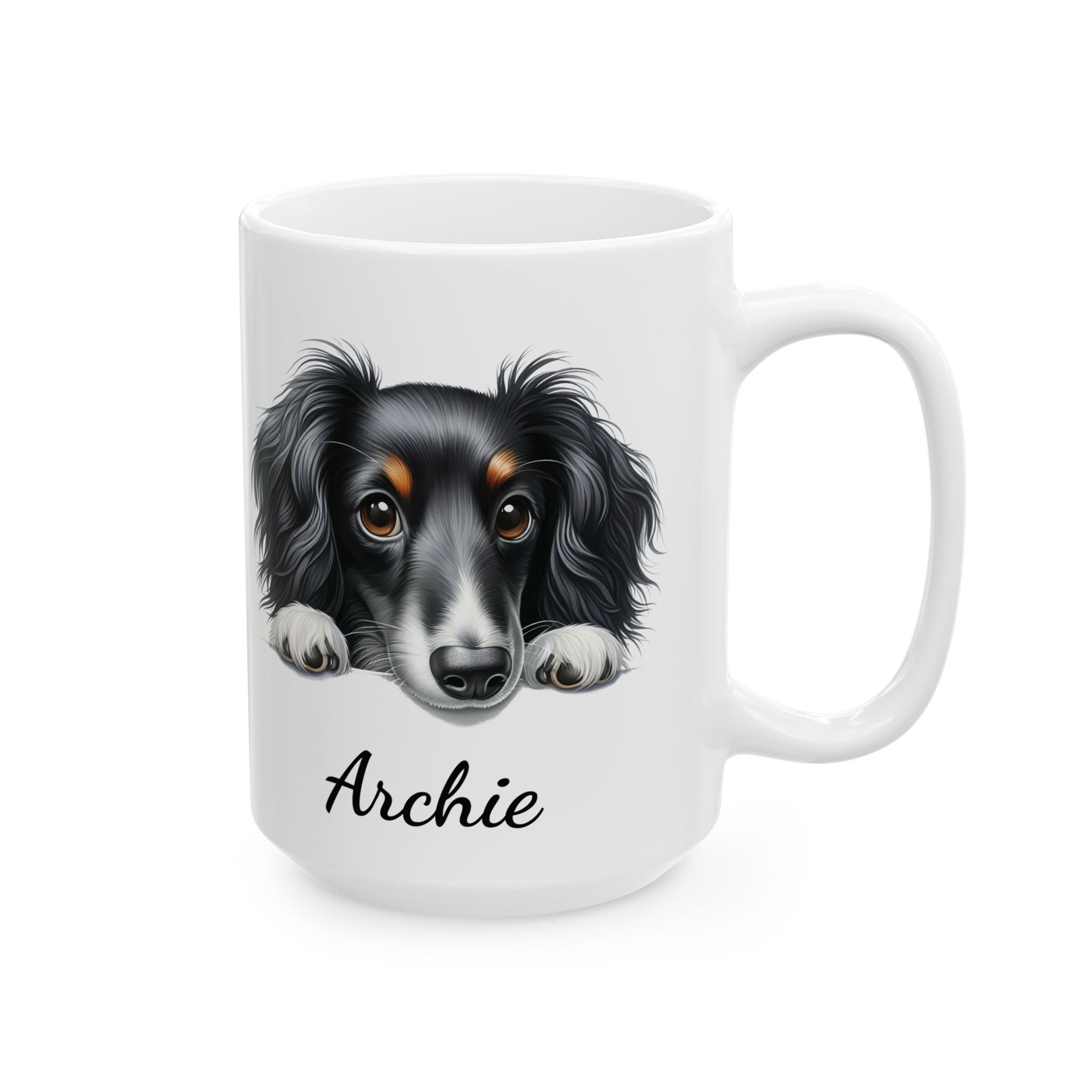 Dachshund dog mug lifestyle shot showing name and black and tan breed illustration