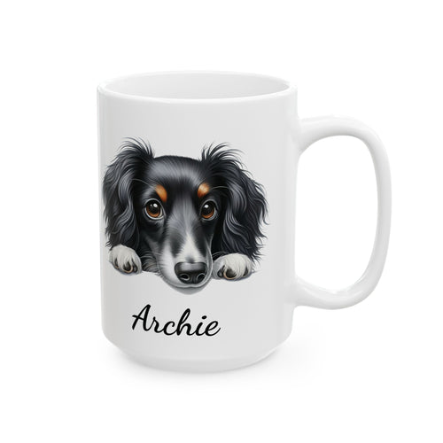 Dachshund dog mug lifestyle shot showing name and black and tan breed illustration