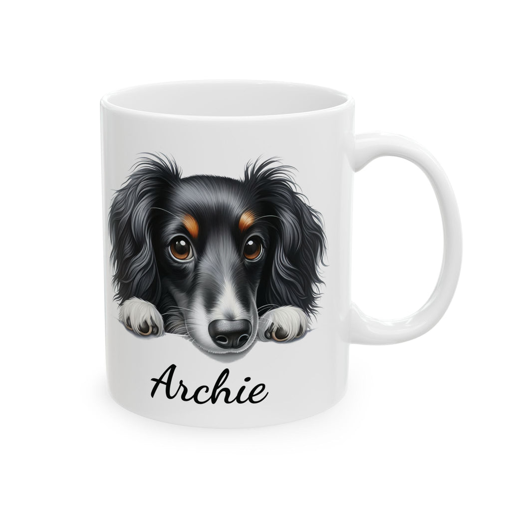Personalized Dachshund peeking mug — main shot showing long-haired sausage dog illustration