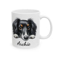 Personalized Dachshund peeking mug — main shot showing long-haired sausage dog illustration