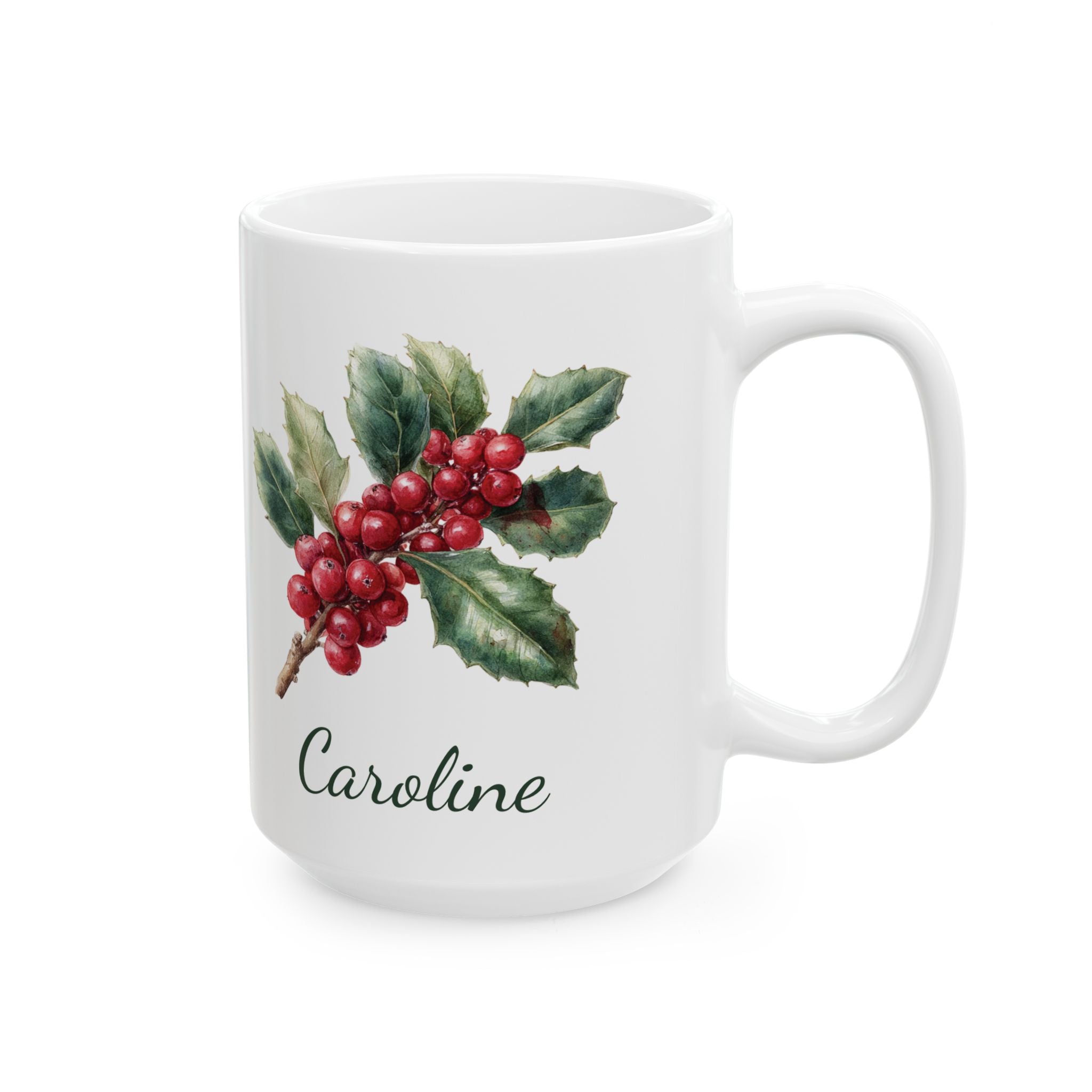 December holly birth flower mug showing name in green script and festive holly branch