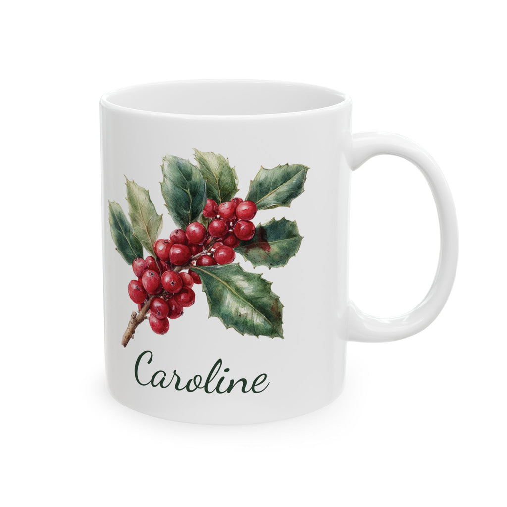 Personalized December birth flower mug — holly branch with red berries on white ceramic