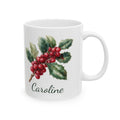 Personalized December birth flower mug — holly branch with red berries on white ceramic