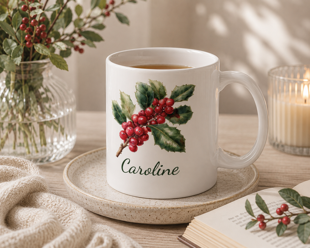 Personalized December holly birth flower mug mockup view