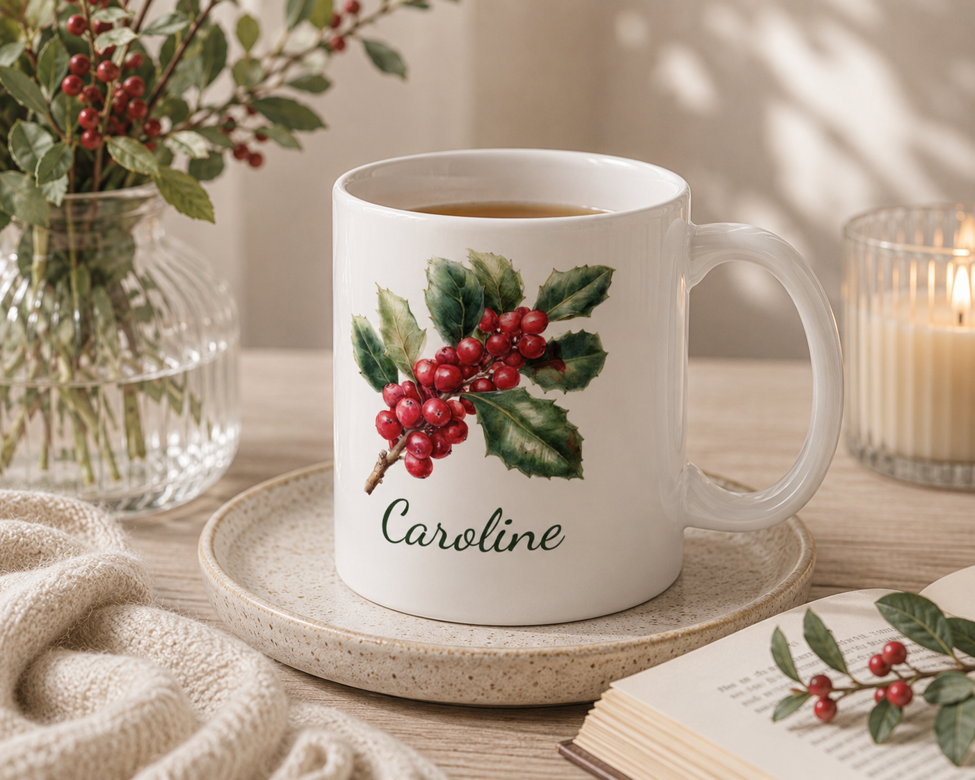 Personalized December holly birth flower mug mockup view
