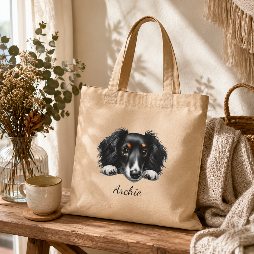 Close-up of the dog portrait illustration and personalized name on the tote