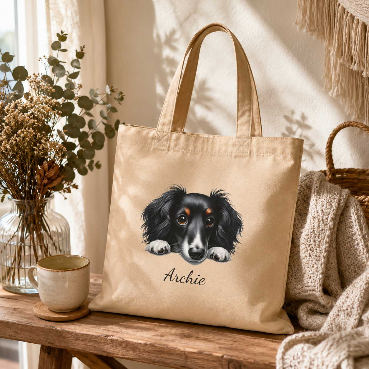 Close-up of the dog portrait illustration and personalized name on the tote