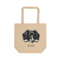 Personalized black long-haired dog portrait tote bag with custom pet name