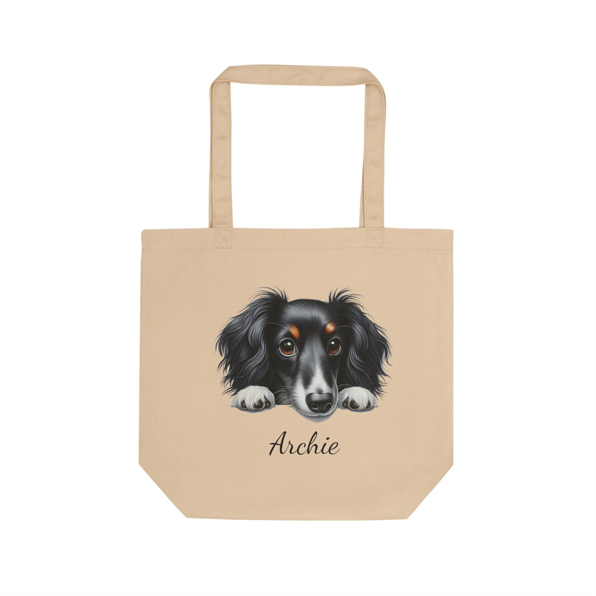 Personalized black long-haired dog portrait tote bag with custom pet name