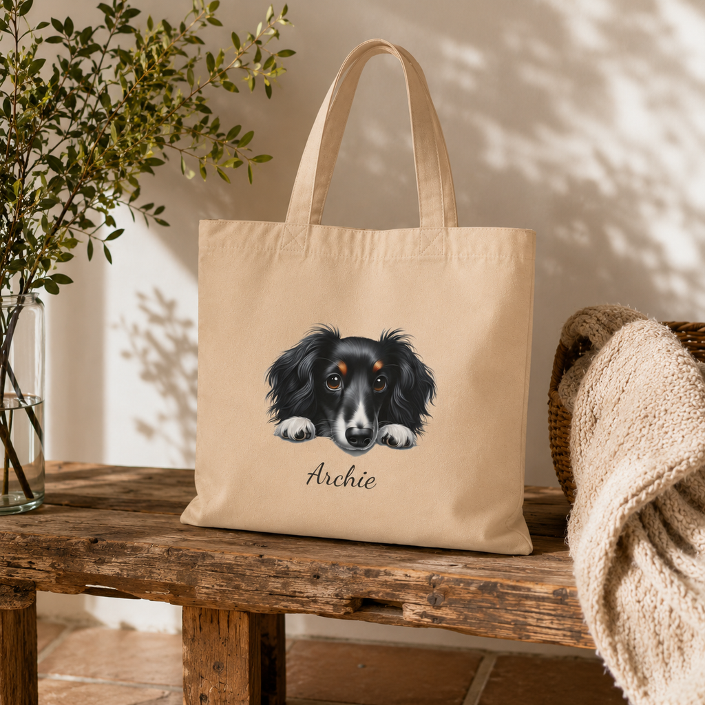 Dog portrait tote bag size and dimensions reference