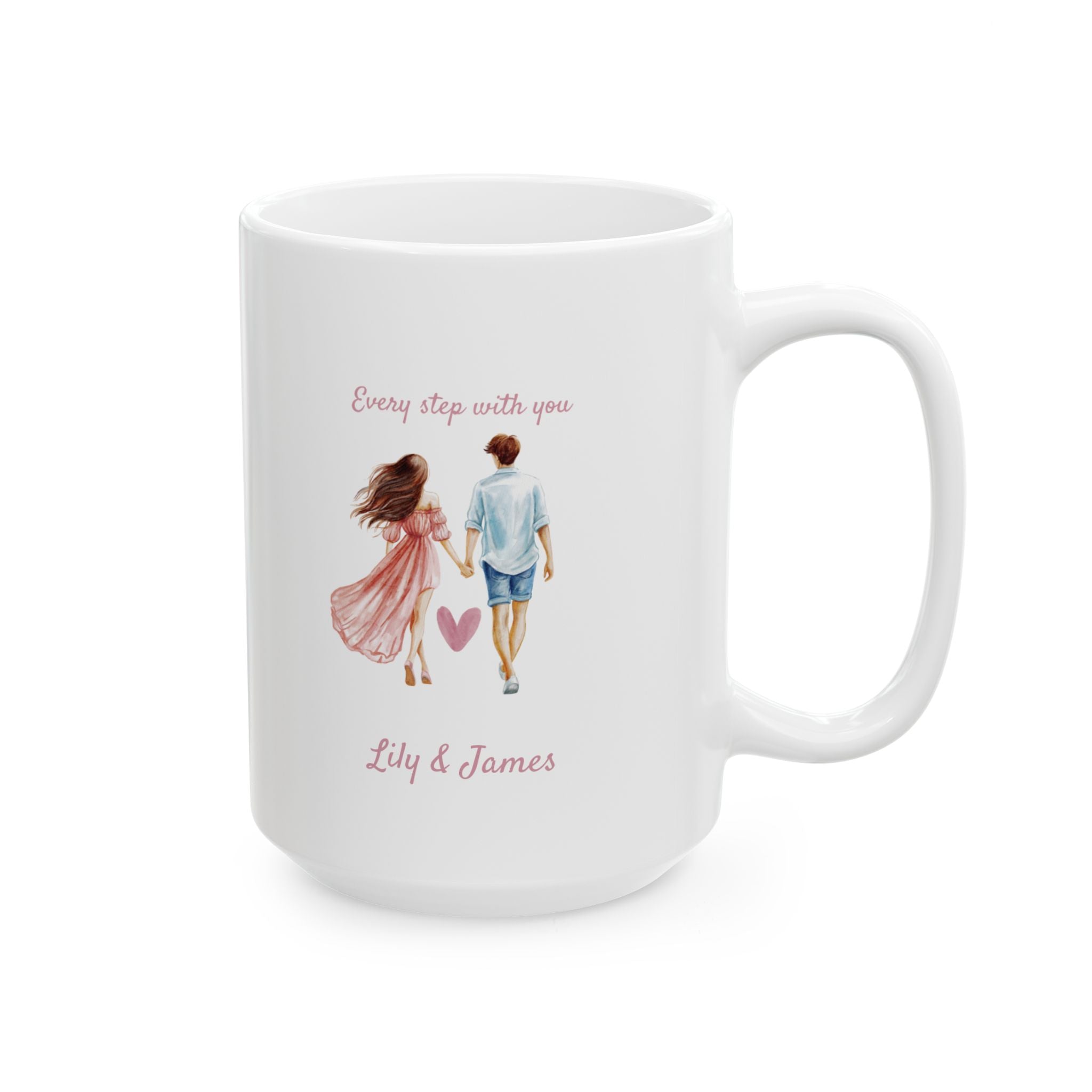 Walking couple mug lifestyle shot showing names and heart detail