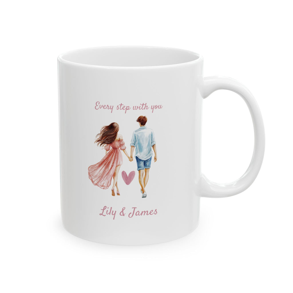 Personalized every step with you couples mug — main shot showing watercolor walking couple