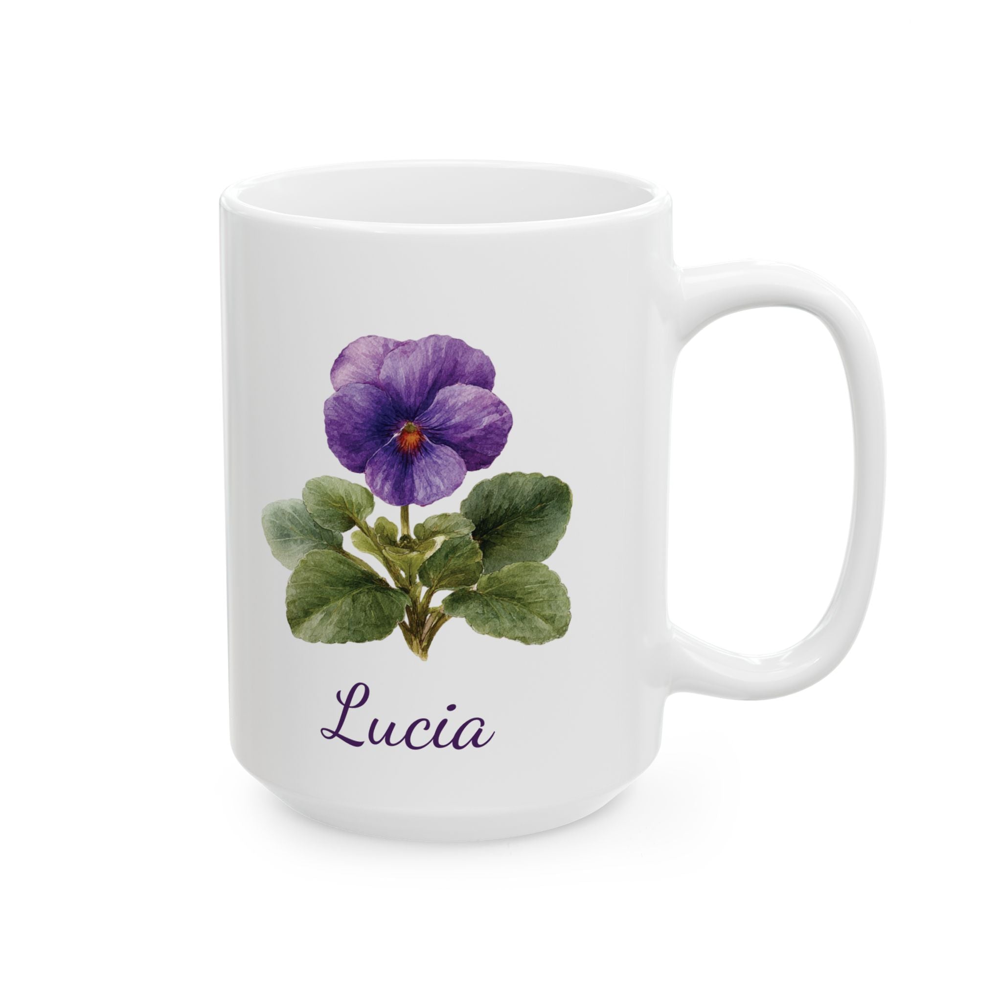 February violet birth flower mug lifestyle shot showing name in purple script