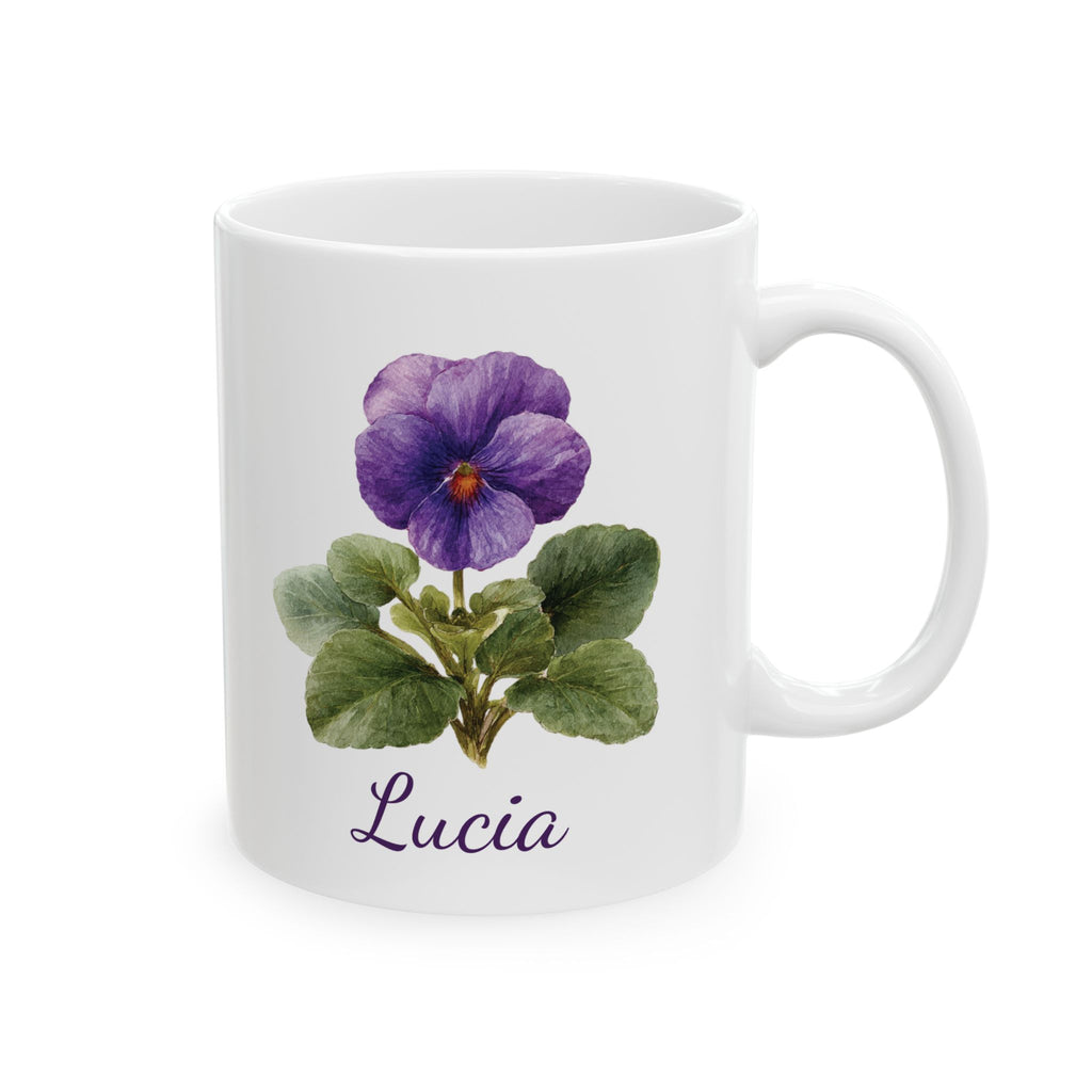 Personalized February birth flower mug — purple violet watercolor on white ceramic
