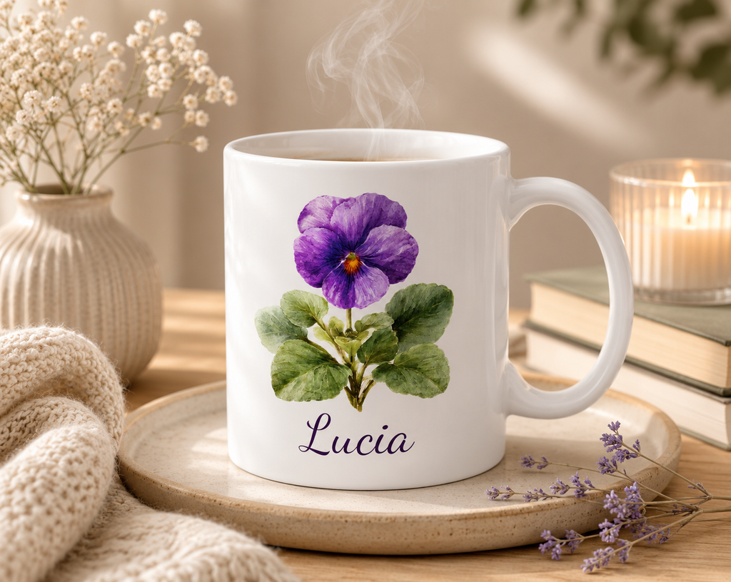 Personalized February violet birth flower mug mockup view