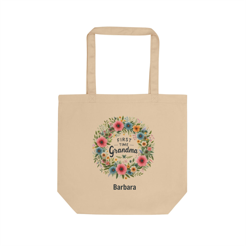 Personalized 'First Time Grandma' floral wreath natural cotton tote bag with a custom name