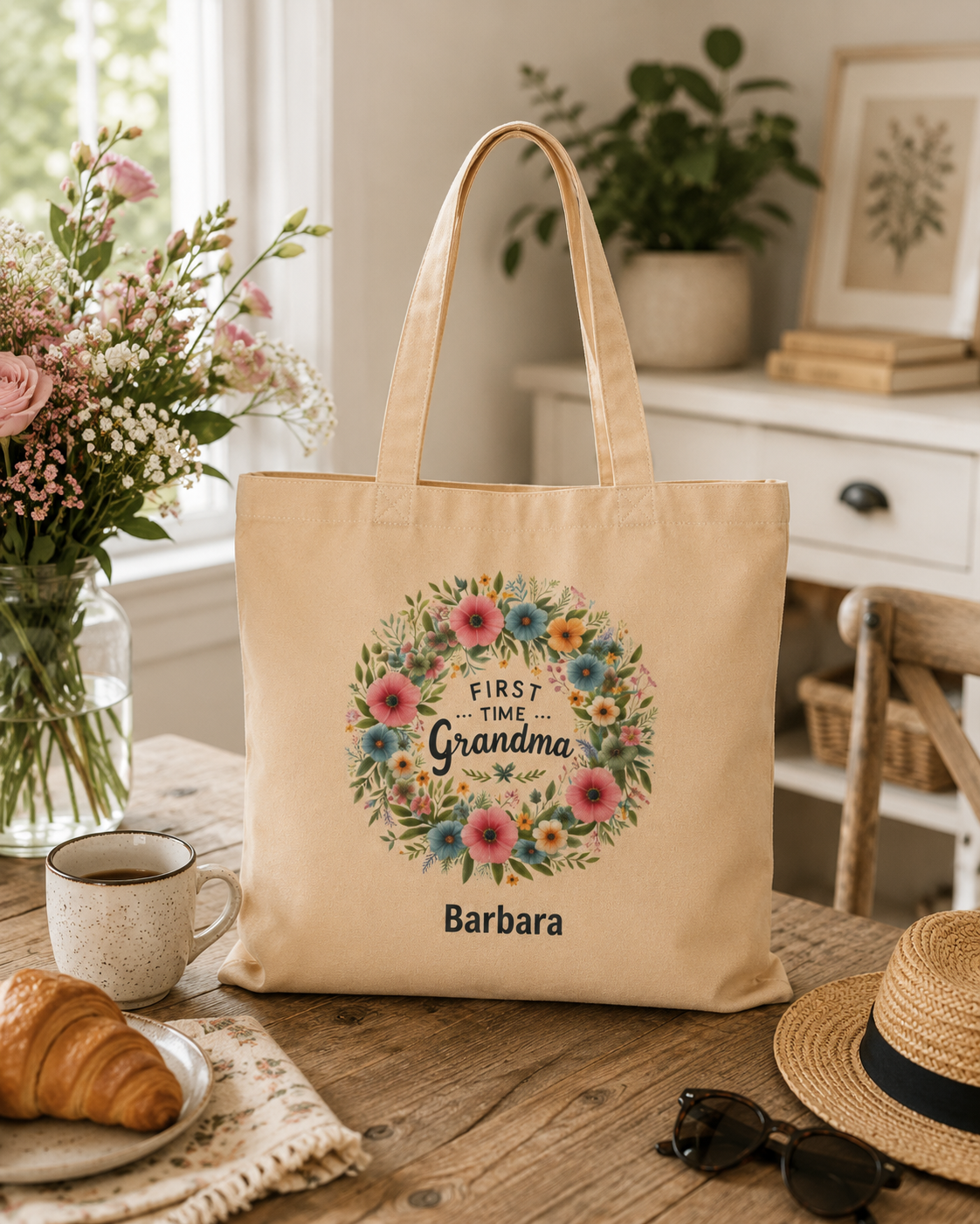 First Time Grandma tote bag shown flat with size and dimensions reference