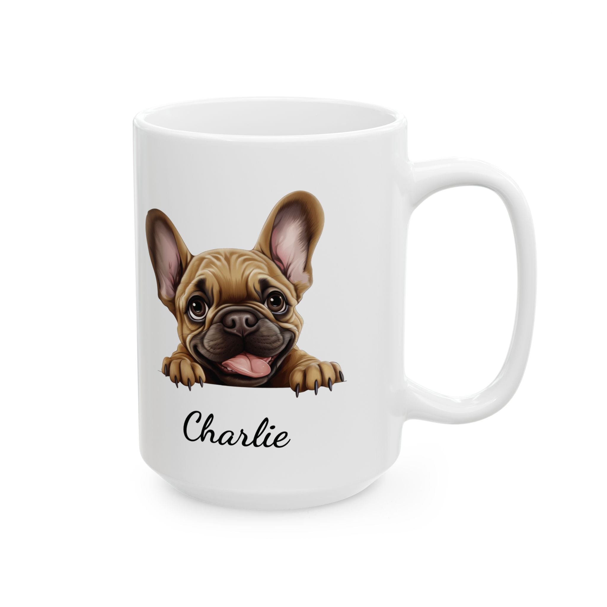 French Bulldog mug lifestyle shot showing name and cheeky Frenchie design