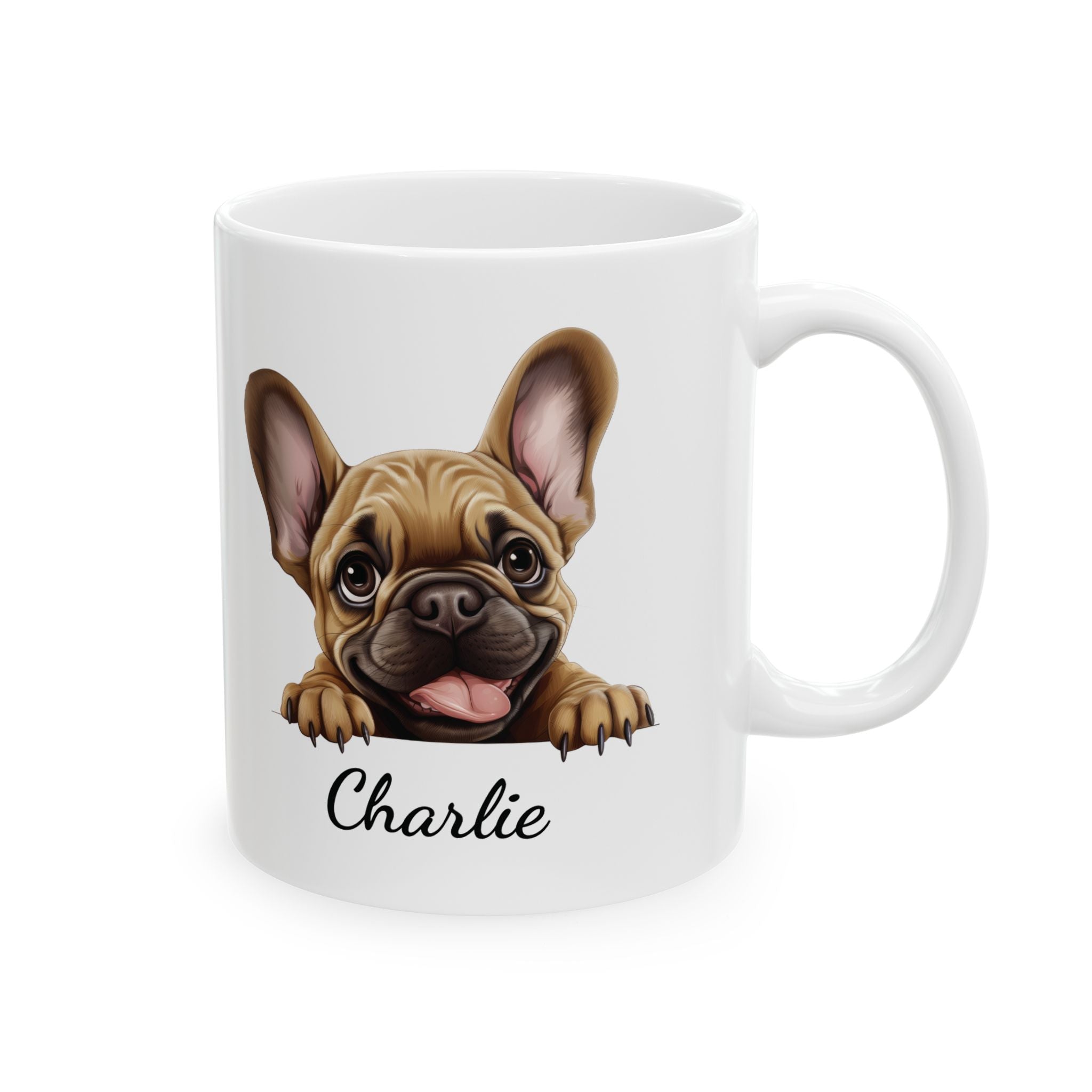 Personalized French Bulldog peeking mug — main shot showing Frenchie illustration with tongue out