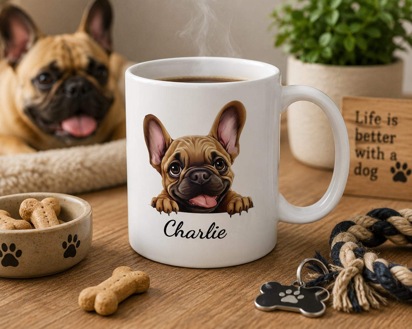 Personalized French Bulldog peeking mug mockup view