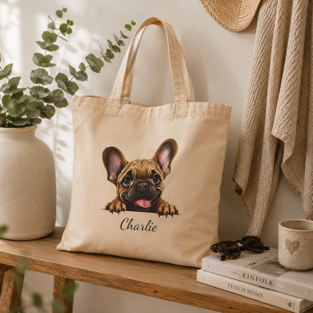 Close-up of French Bulldog illustration and personalized name on tote