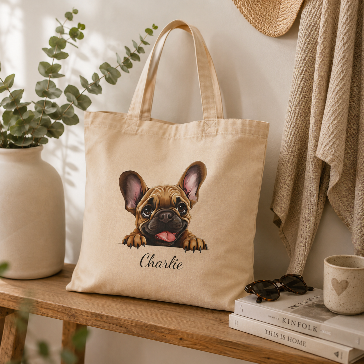 Close-up of French Bulldog illustration and personalized name on tote