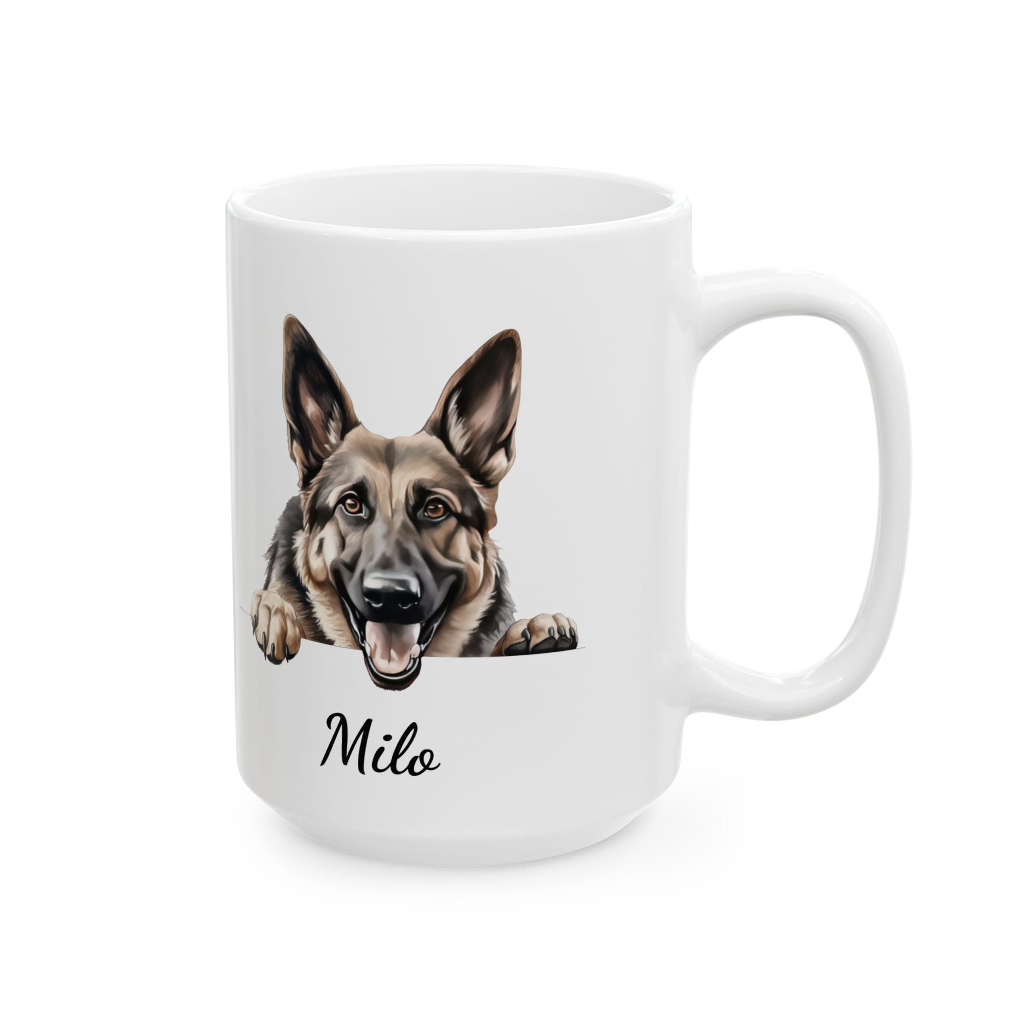 German Shepherd dog mug lifestyle shot showing name and striking breed illustration