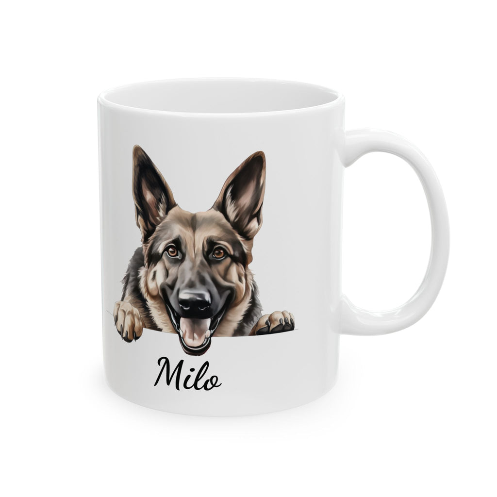 Personalized German Shepherd peeking mug — main shot showing alert GSD illustration