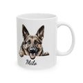 Personalized German Shepherd peeking mug — main shot showing alert GSD illustration