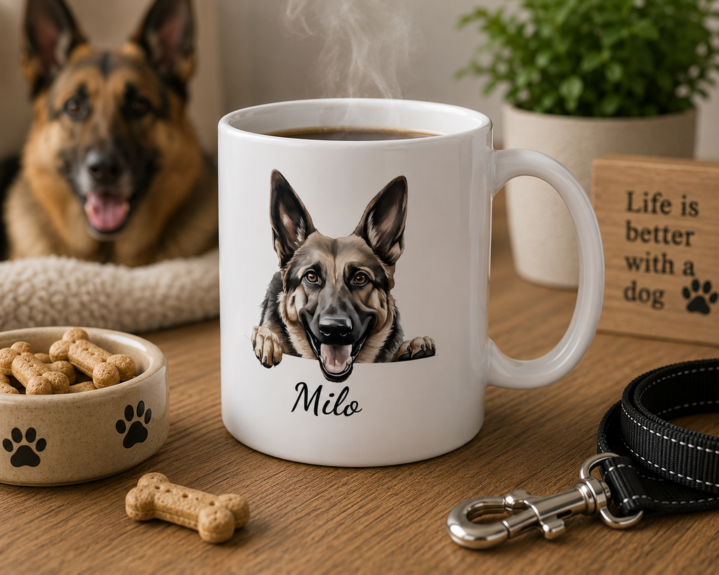 Personalized German Shepherd peeking mug mockup view