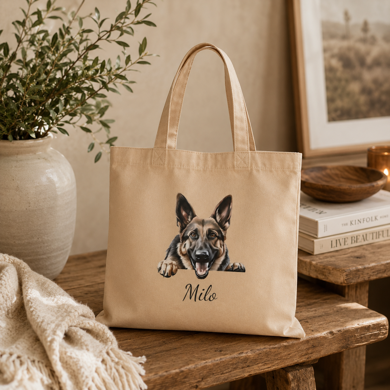 Close-up of German Shepherd illustration and personalized name on tote